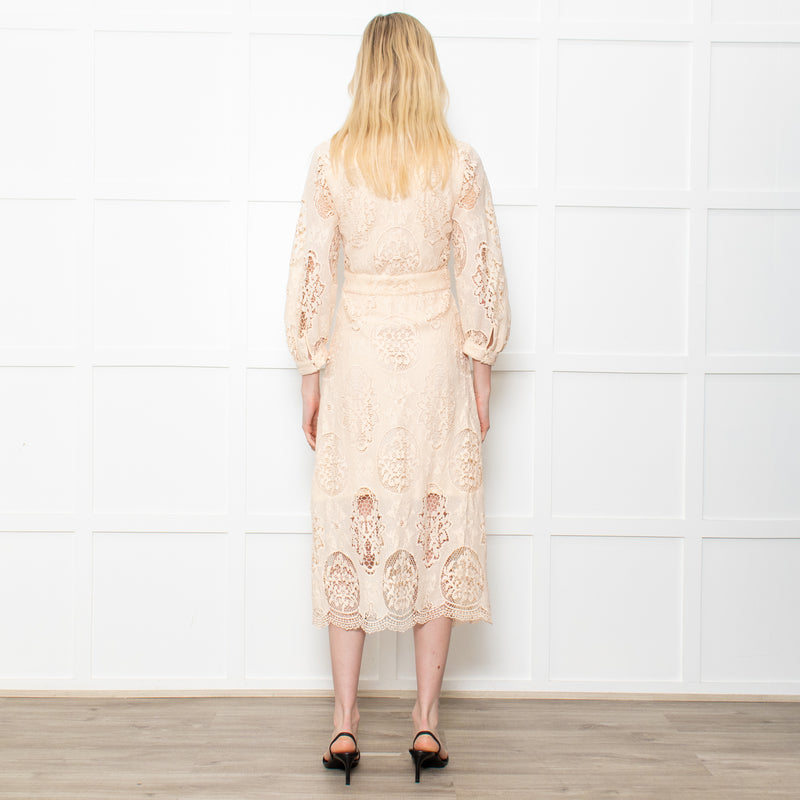 Maje Cream Midi Lace Dress With Long Sleeves