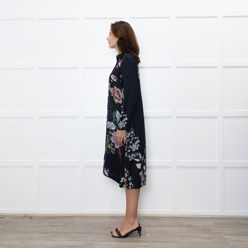 Jeff Navy Floral Long Button Up Dress