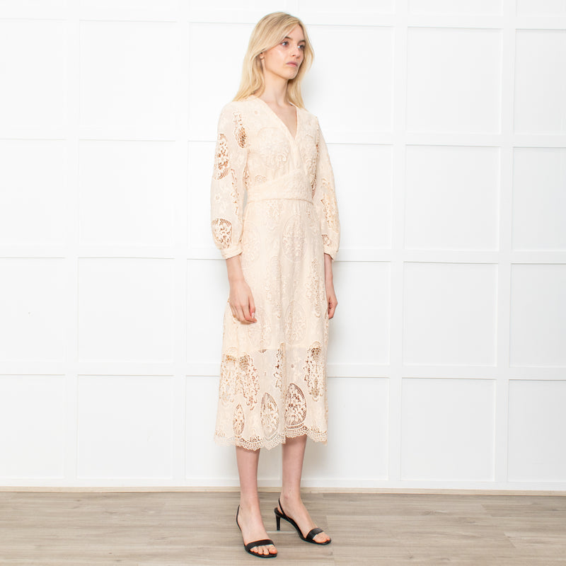 Maje Cream Midi Lace Dress With Long Sleeves