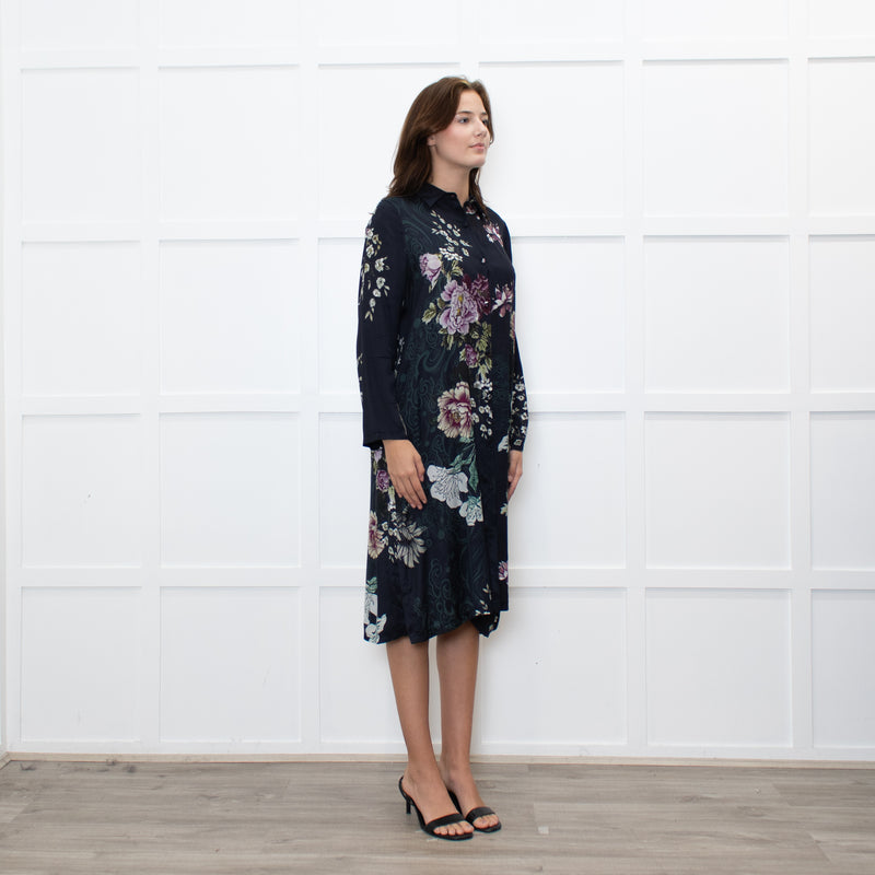 Jeff Navy Floral Long Button Up Dress