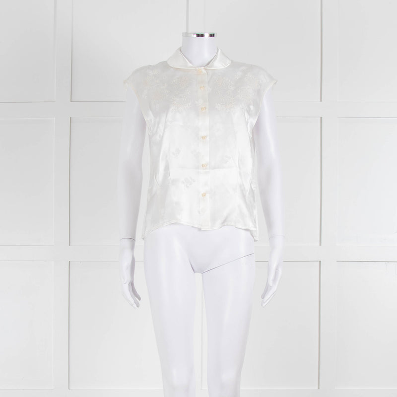 Loretta Caponi Cream Satin Embroidered Sleeveless Blouse