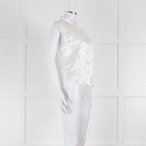 Loretta Caponi Cream Satin Embroidered Sleeveless Blouse