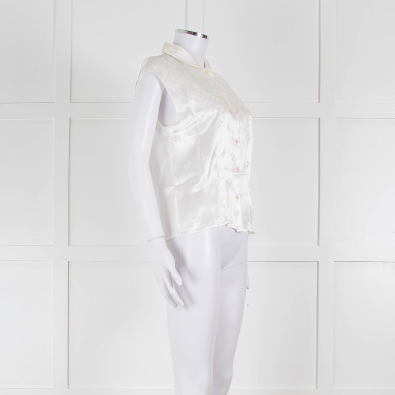 Loretta Caponi Cream Satin Embroidered Sleeveless Blouse