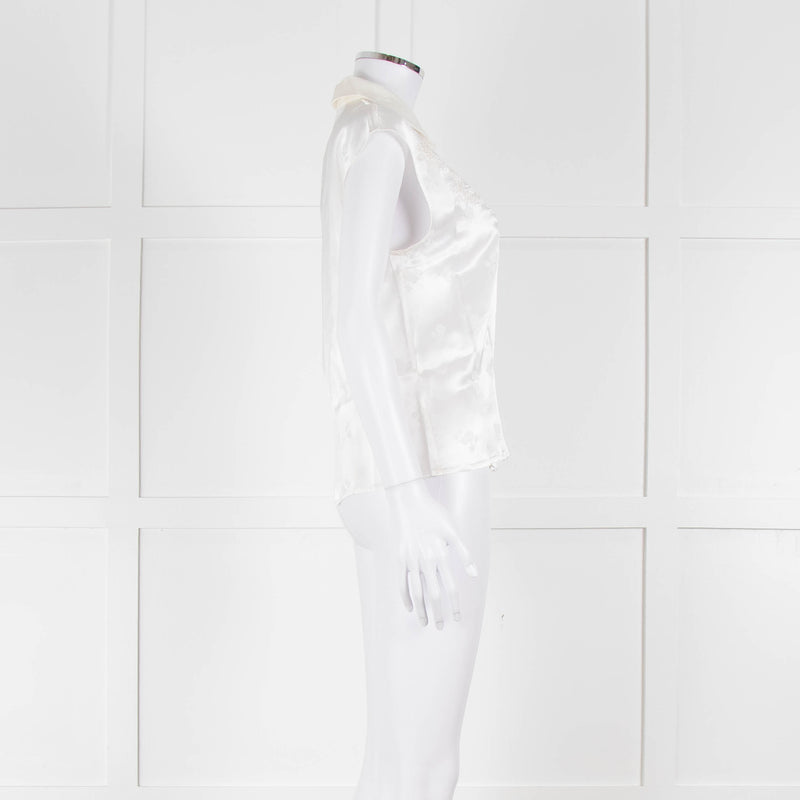 Loretta Caponi Cream Satin Embroidered Sleeveless Blouse