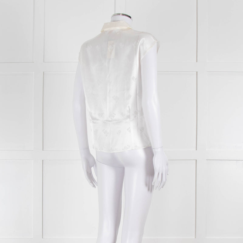 Loretta Caponi Cream Satin Embroidered Sleeveless Blouse