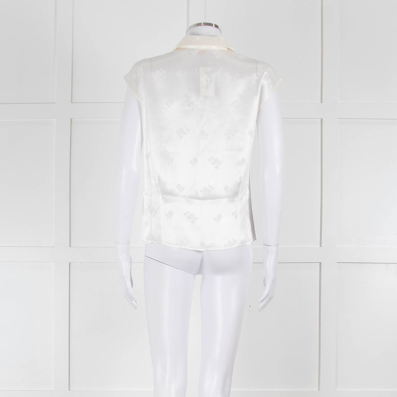 Loretta Caponi Cream Satin Embroidered Sleeveless Blouse