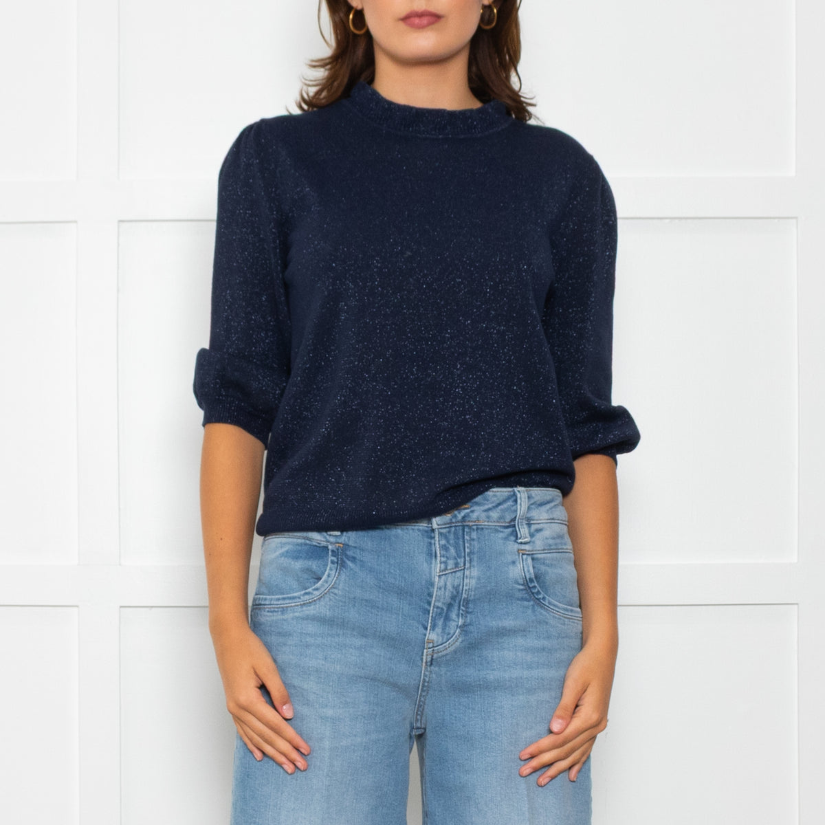 Wyse Navy Blue Cotton Blend Metallic Sweater