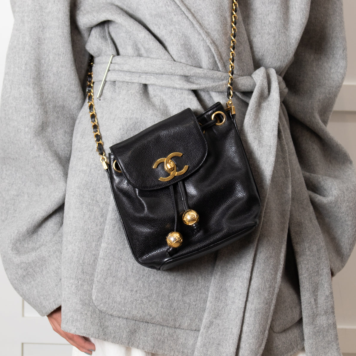 Chanel Black Caviar Leather Vintage Classic Flap Drawstring Crossbody Bag