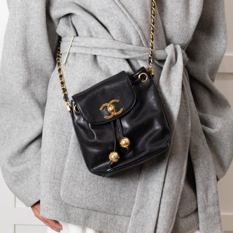 Chanel Black Caviar Leather Vintage Classic Flap Drawstring Crossbody Bag