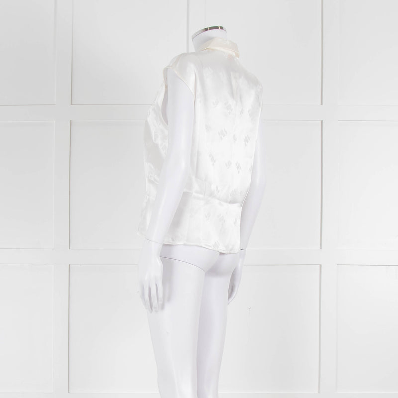 Loretta Caponi Cream Satin Embroidered Sleeveless Blouse