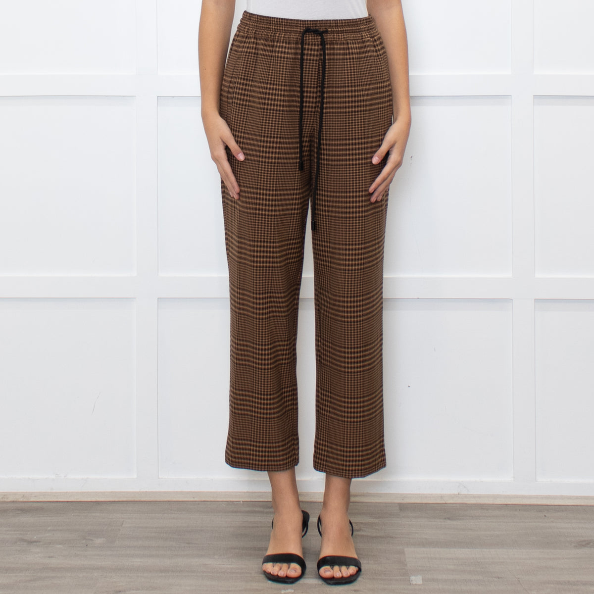 Essentiel Antwerp Brown Check Crop Drawstring Trousers