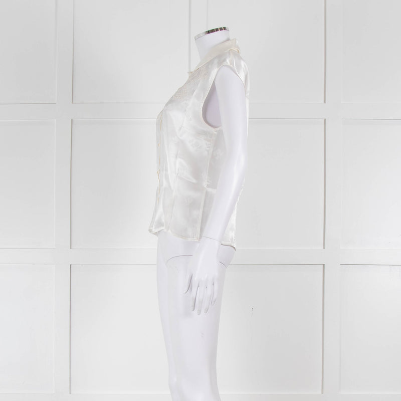 Loretta Caponi Cream Satin Embroidered Sleeveless Blouse