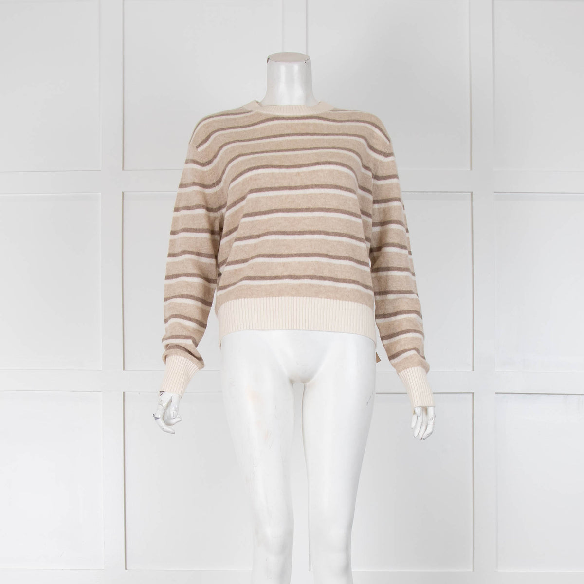 White + Warren Beige, Cream Striped Cashmere Jumper
