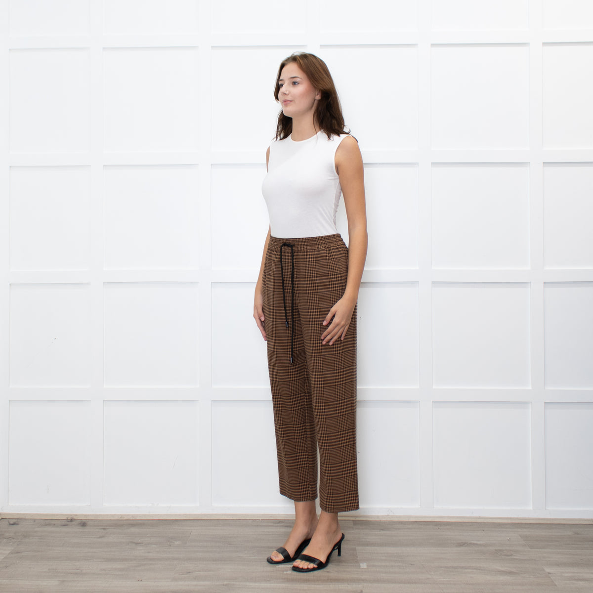 Essentiel Antwerp Brown Check Crop Drawstring Trousers