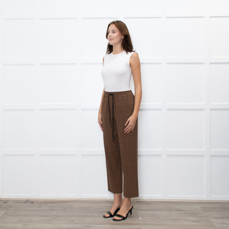 Essentiel Antwerp Brown Check Crop Drawstring Trousers