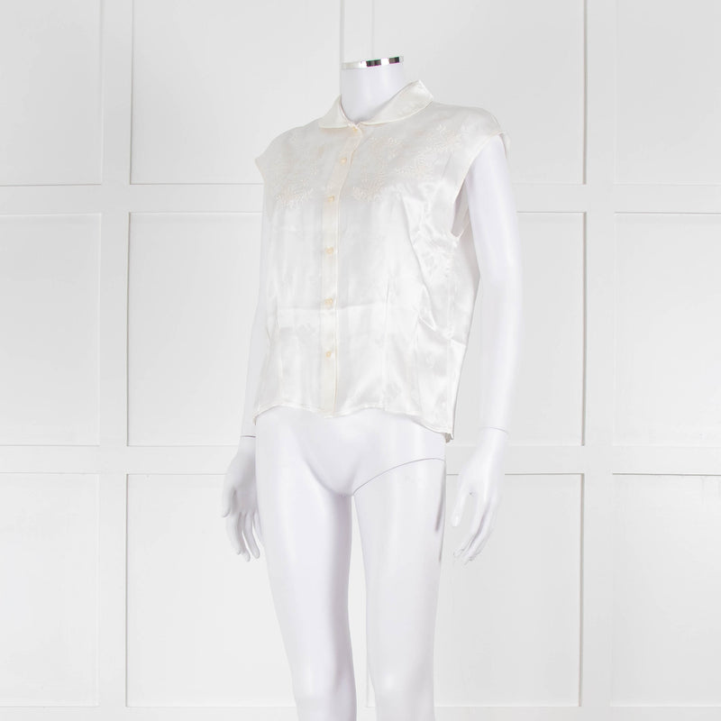 Loretta Caponi Cream Satin Embroidered Sleeveless Blouse