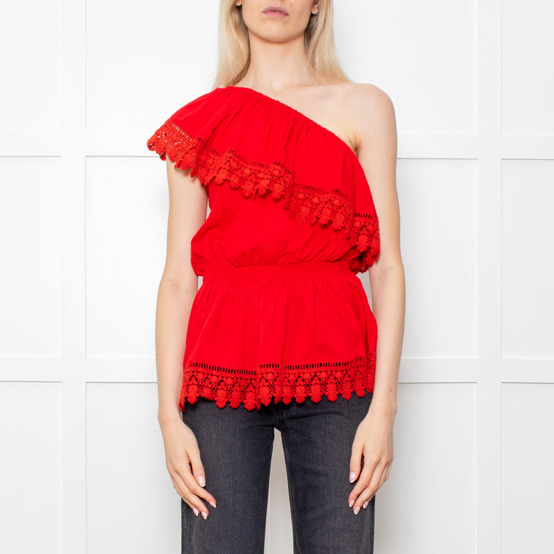 Melissa Odabash Red One Shoulder Cotton Crochet Edging Top