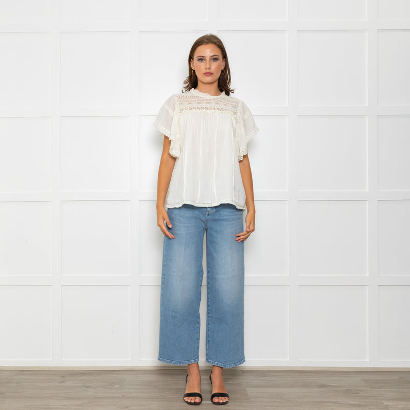 Wyse Cream Lace Trim Frill Sleeve Top