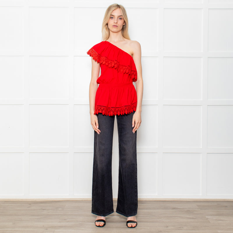Melissa Odabash Red One Shoulder Cotton Crochet Edging Top