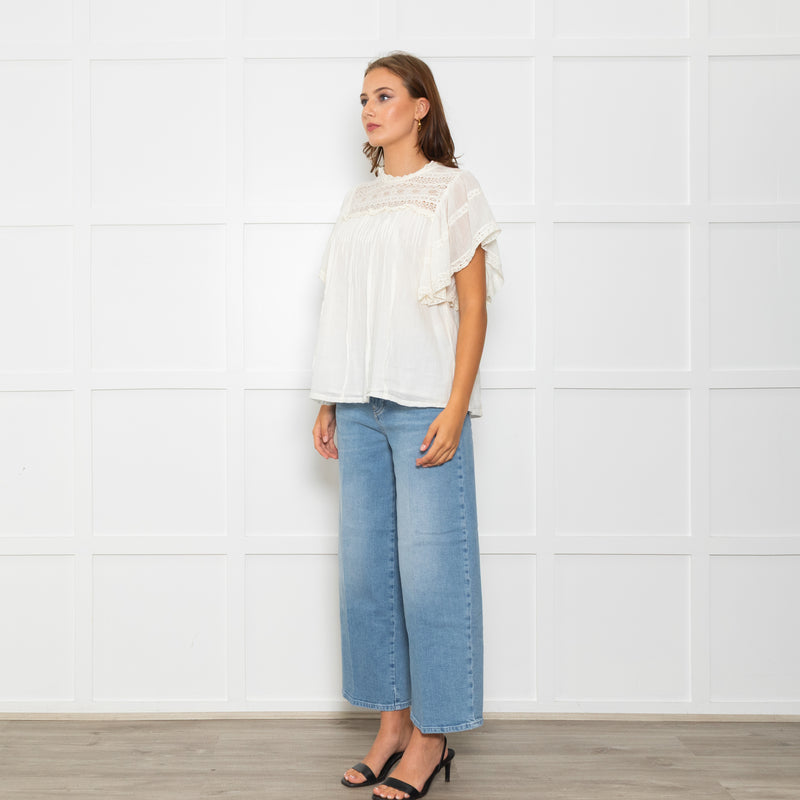 Wyse Cream Lace Trim Frill Sleeve Top
