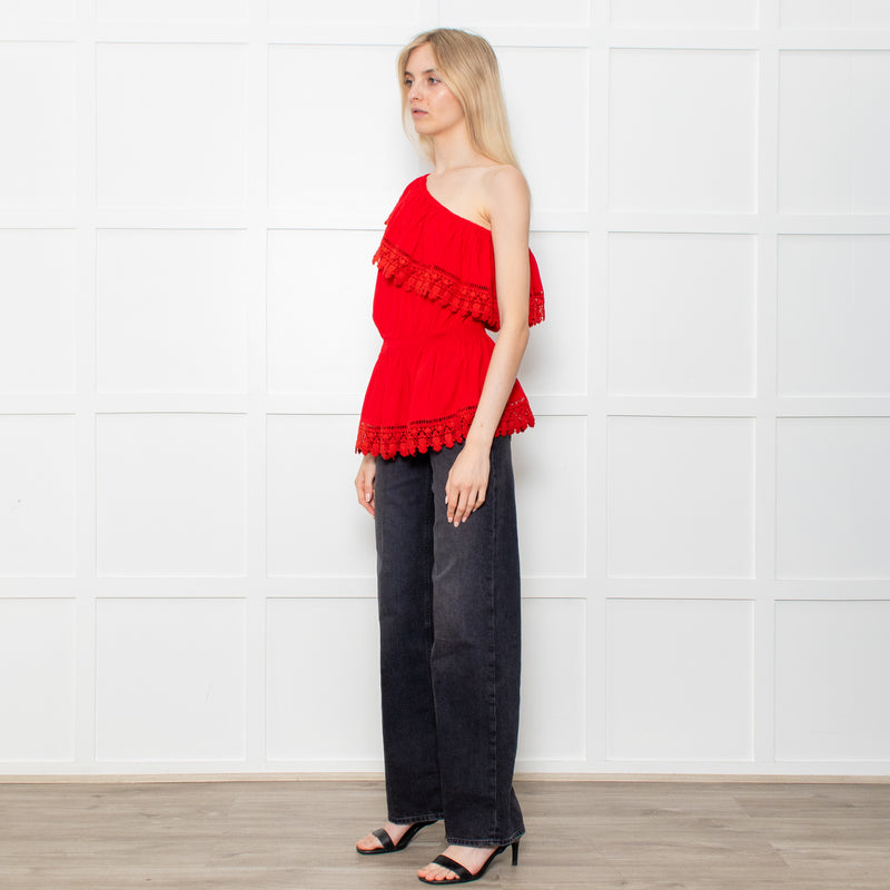 Melissa Odabash Red One Shoulder Cotton Crochet Edging Top