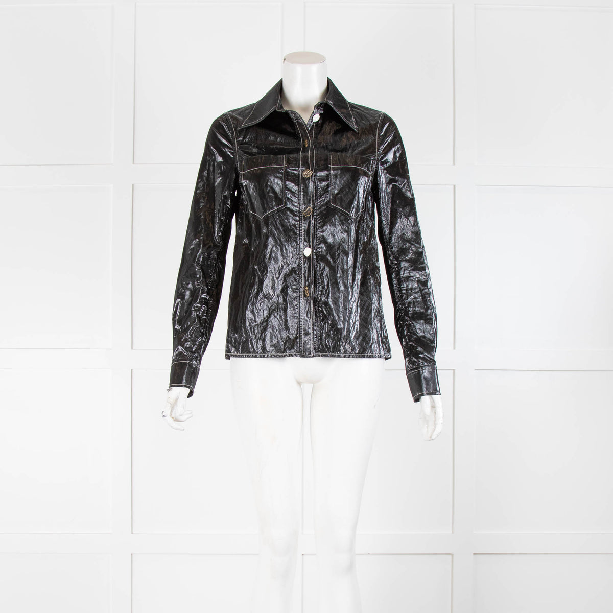 Rejina Pyo Black  Polyurethane Shirt with white stitching