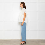 Wyse Cream Lace Trim Frill Sleeve Top