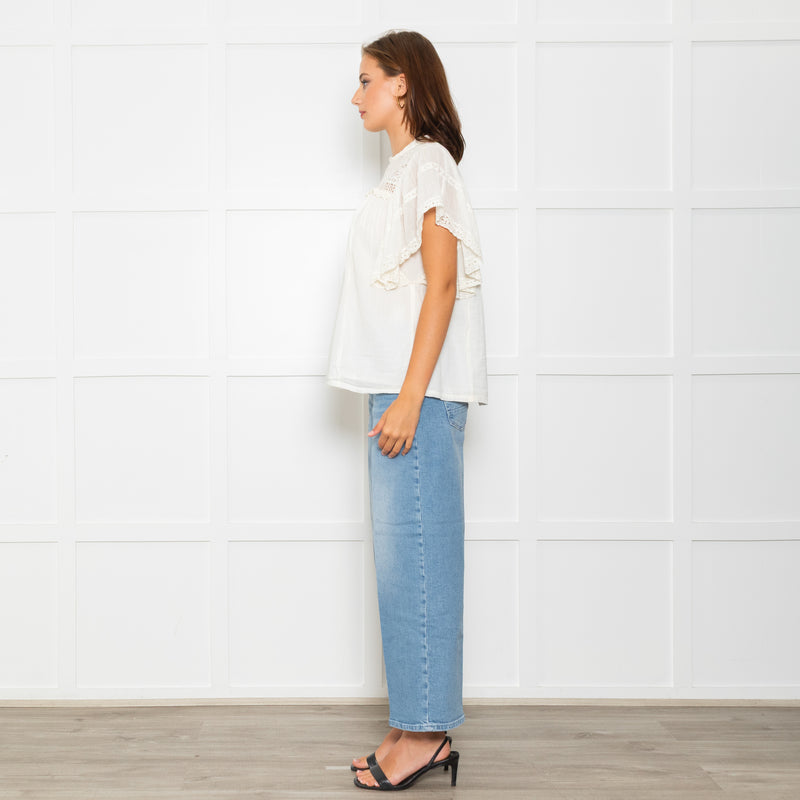 Wyse Cream Lace Trim Frill Sleeve Top