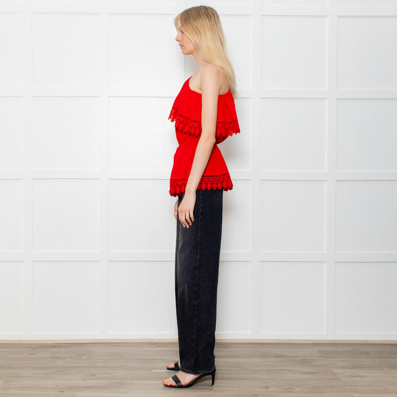 Melissa Odabash Red One Shoulder Cotton Crochet Edging Top