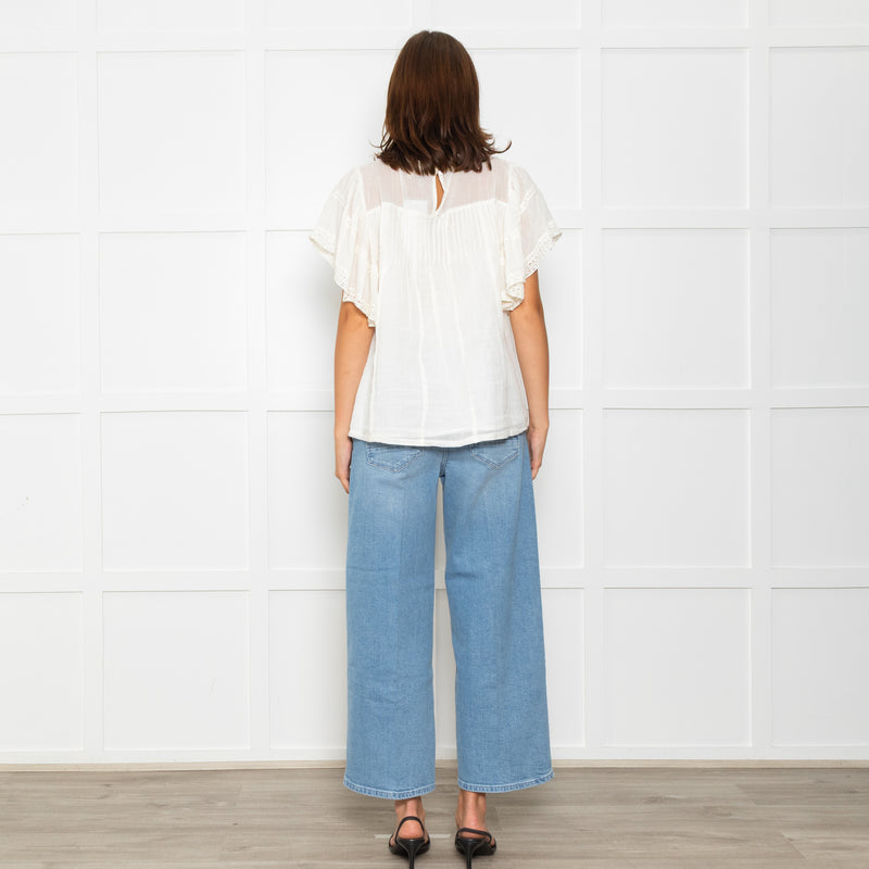 Wyse Cream Lace Trim Frill Sleeve Top