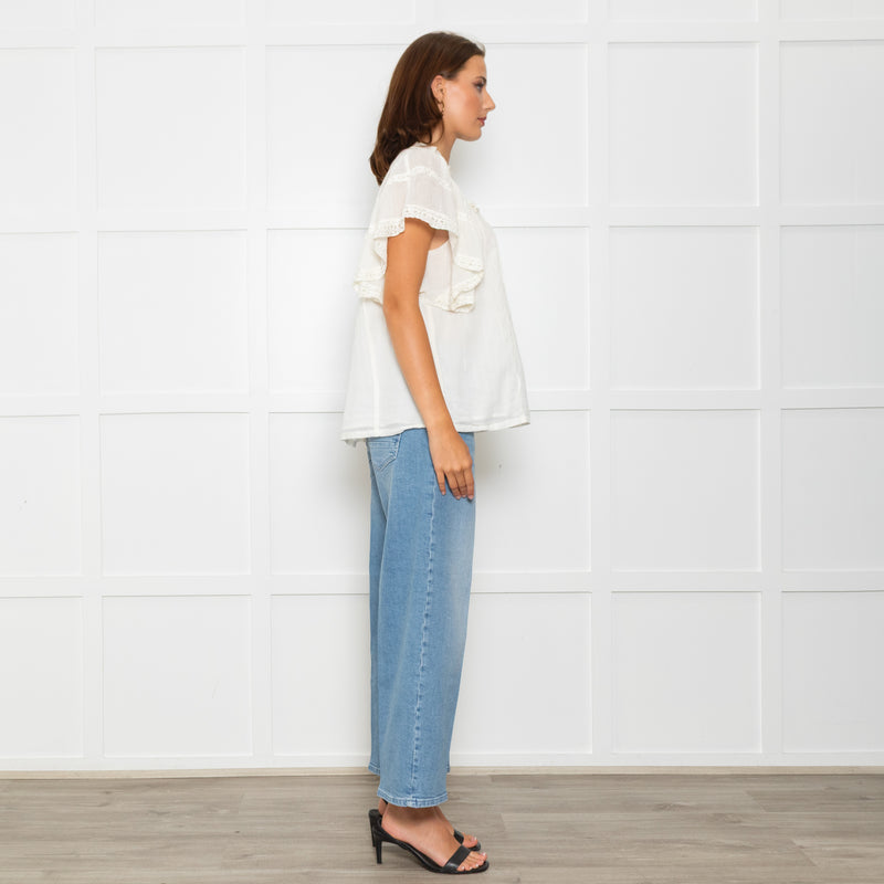 Wyse Cream Lace Trim Frill Sleeve Top