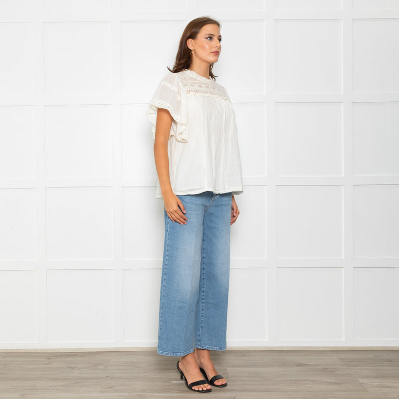Wyse Cream Lace Trim Frill Sleeve Top