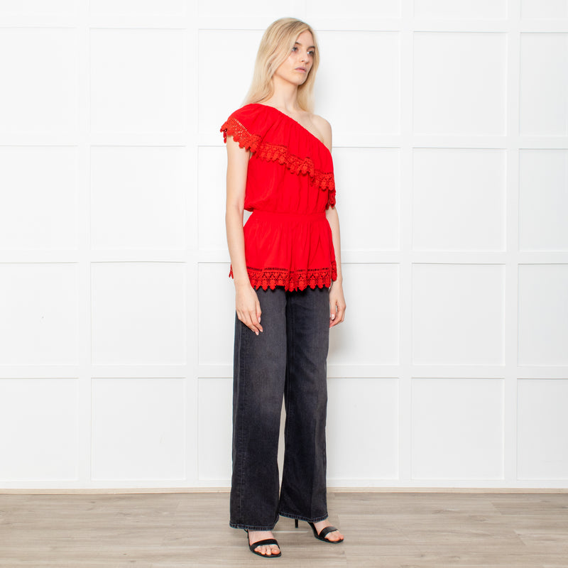 Melissa Odabash Red One Shoulder Cotton Crochet Edging Top