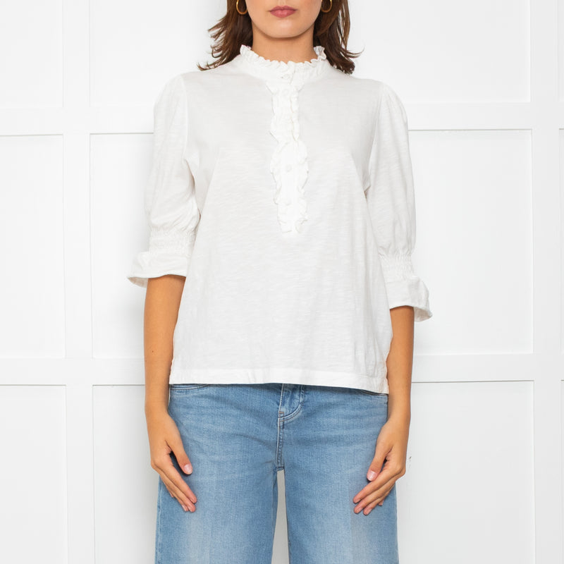 Wyse Cream Cotton Frill Trim Short Sleeve Top