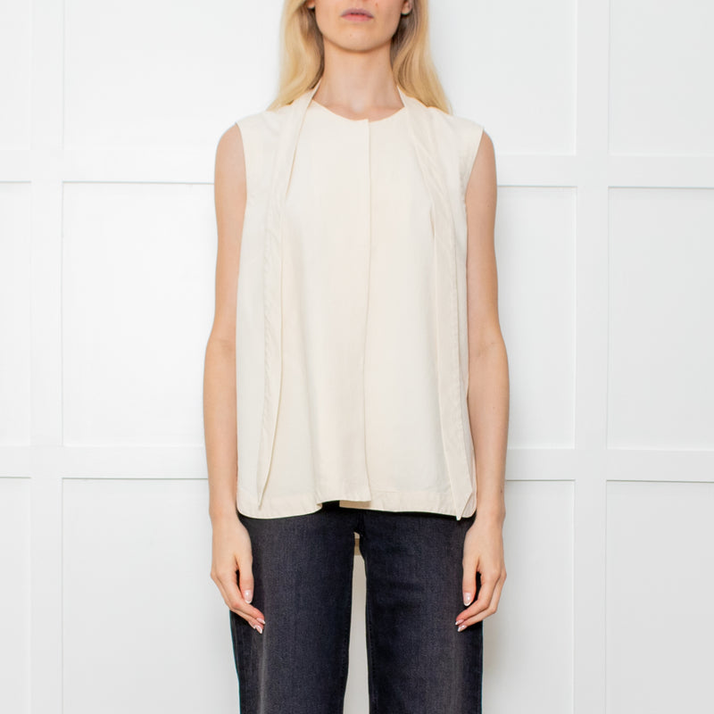 Bamford Pale Cream 100% Silk Tie Neck Sleeveless Top