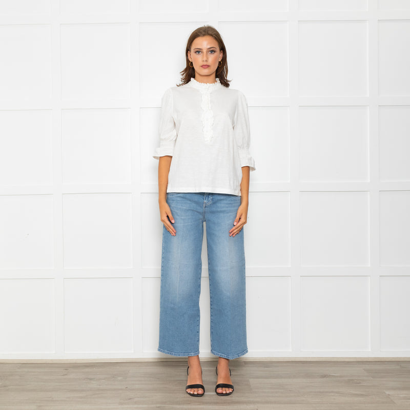 Wyse Cream Cotton Frill Trim Short Sleeve Top