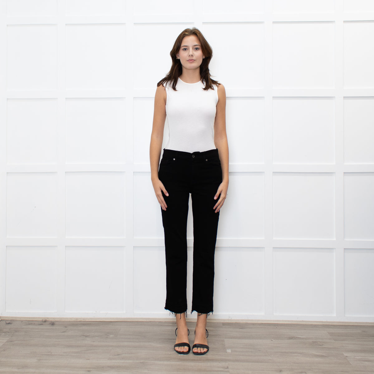 7 For All Mankind Black Crop Fray Hem Jeans