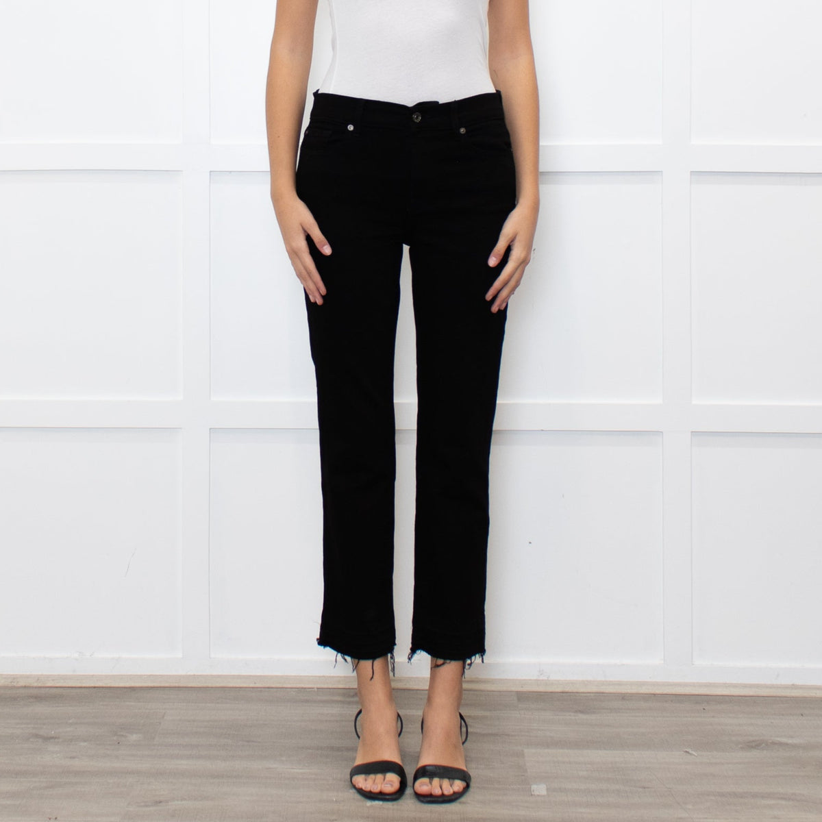 7 For All Mankind Black Crop Fray Hem Jeans