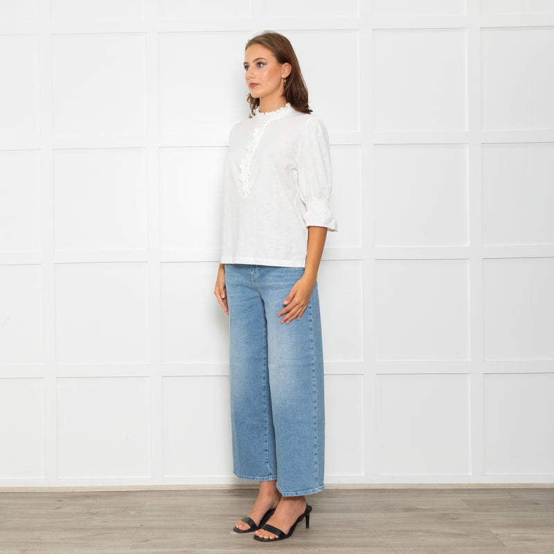 Wyse Cream Cotton Frill Trim Short Sleeve Top