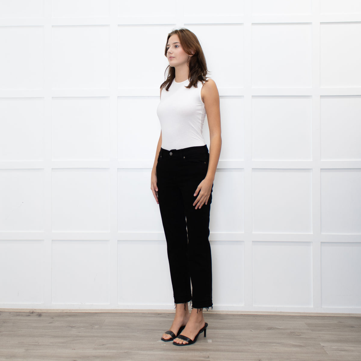 7 For All Mankind Black Crop Fray Hem Jeans