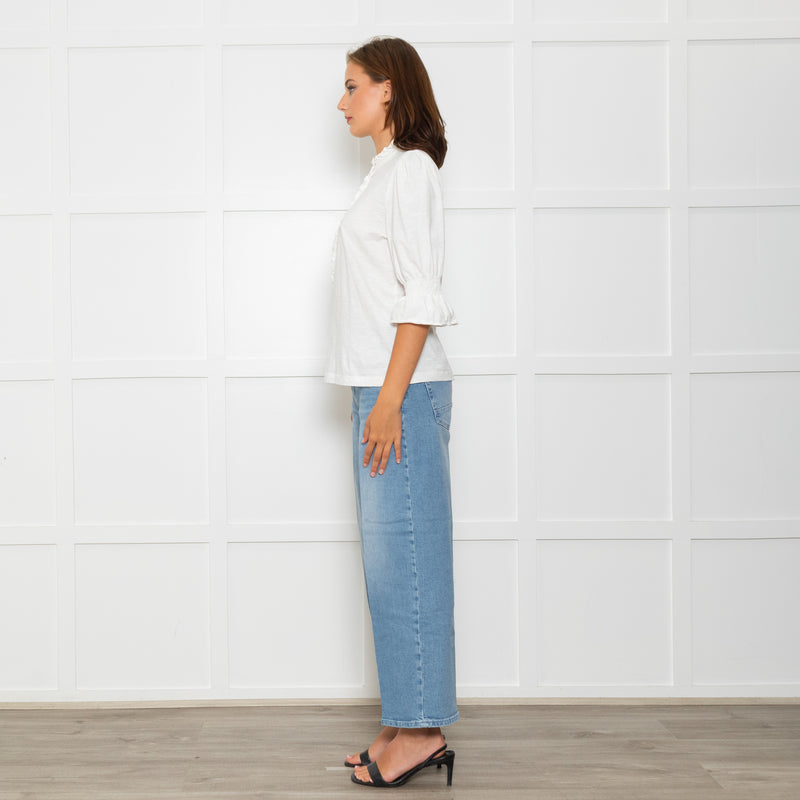 Wyse Cream Cotton Frill Trim Short Sleeve Top