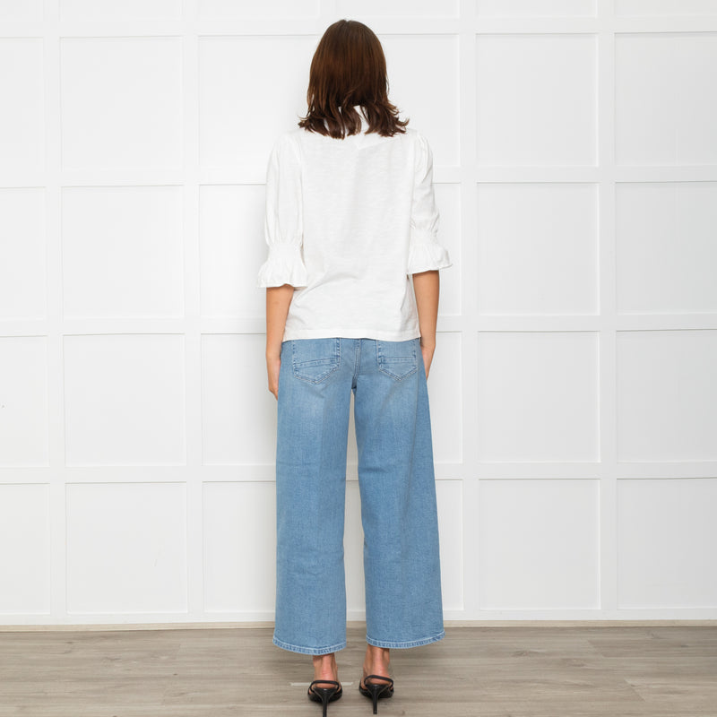 Wyse Cream Cotton Frill Trim Short Sleeve Top