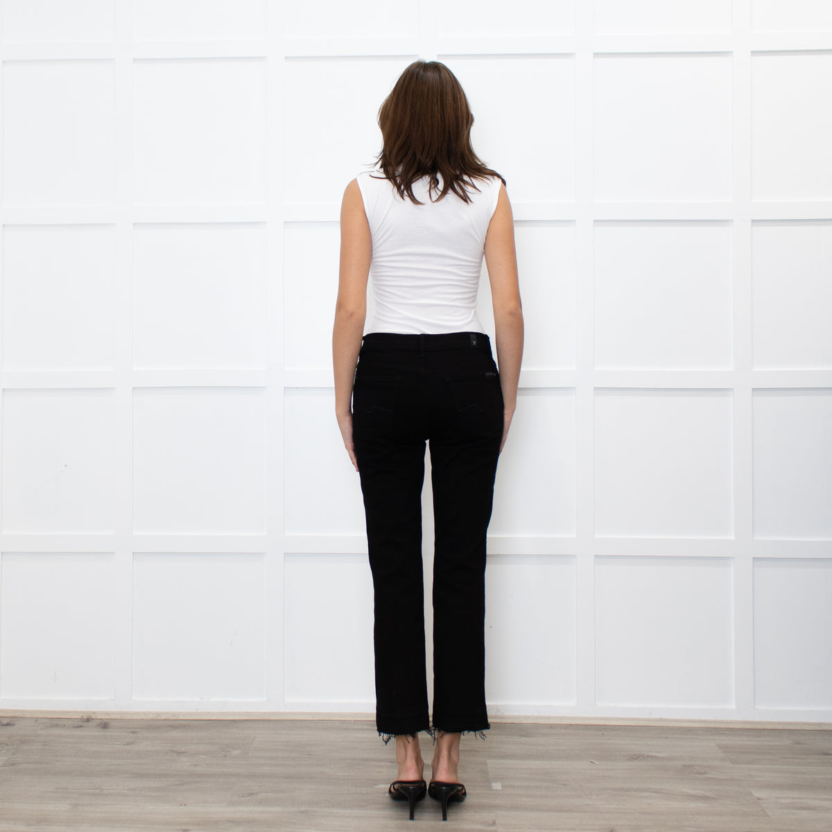 7 For All Mankind Black Crop Fray Hem Jeans