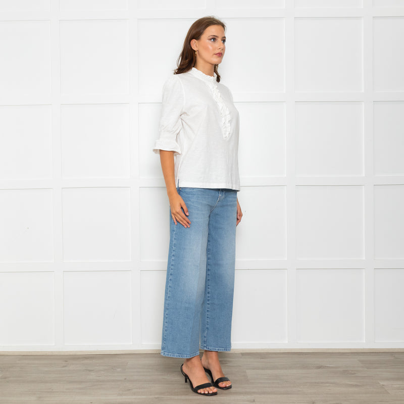 Wyse Cream Cotton Frill Trim Short Sleeve Top
