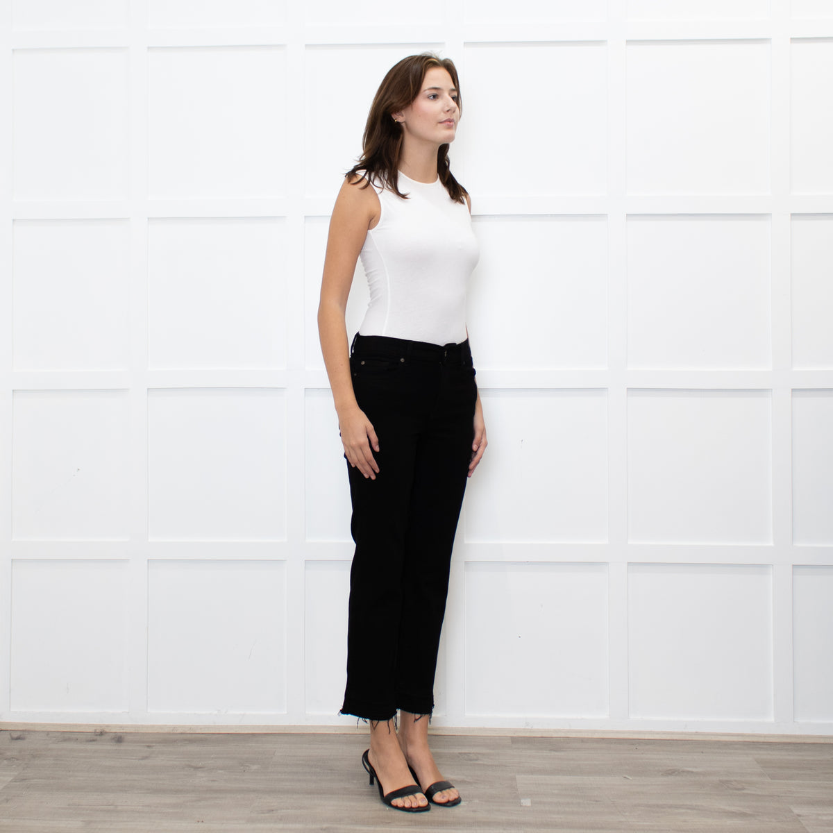 7 For All Mankind Black Crop Fray Hem Jeans