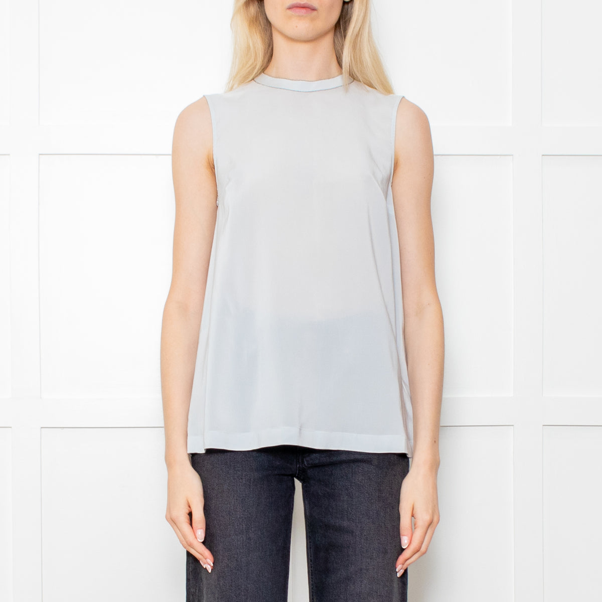 Brunello Cuccinelli Pale Blue Silk Sleeveless Top Crystal Neck