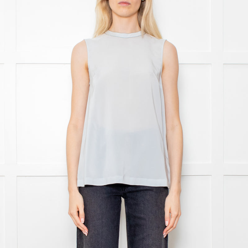 Brunello Cuccinelli Pale Blue Silk Sleeveless Top Crystal Neck