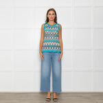 Missoni Turquoise Blue Cream Brown Knitted Sleeveless Top