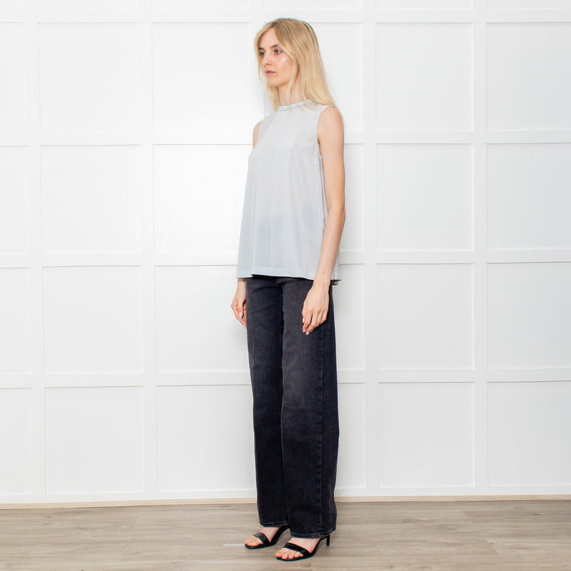 Brunello Cuccinelli Pale Blue Silk Sleeveless Top Crystal Neck