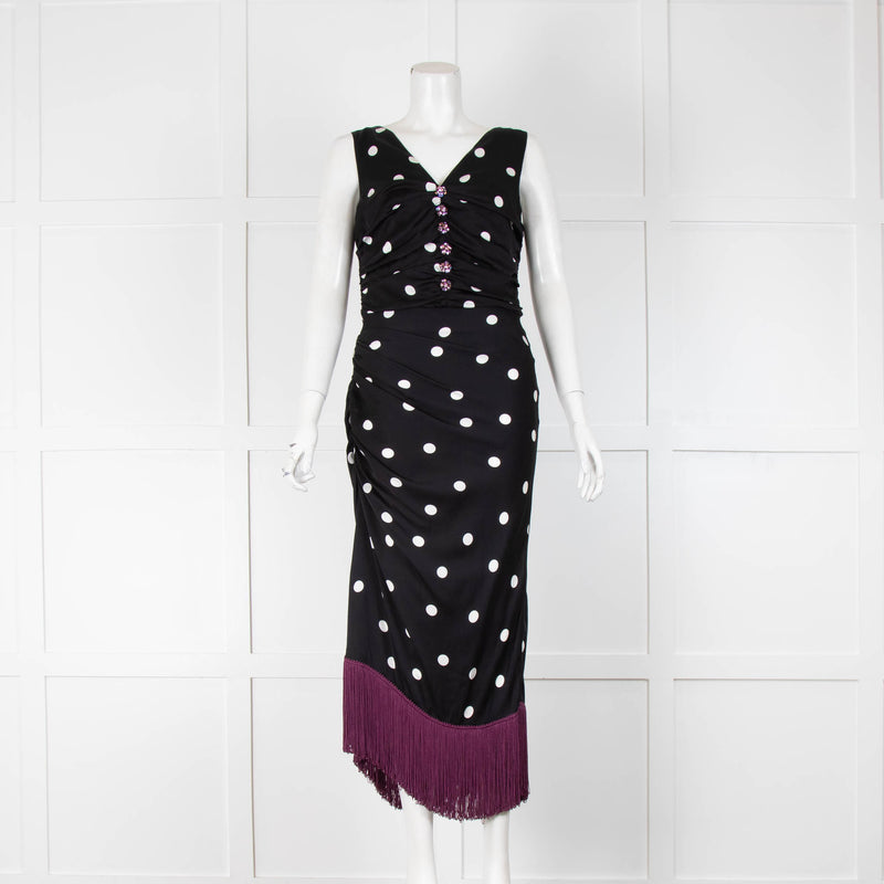 Dolce & Gabbana Black Polka Dot Purple Fringe Sleeveless Dress